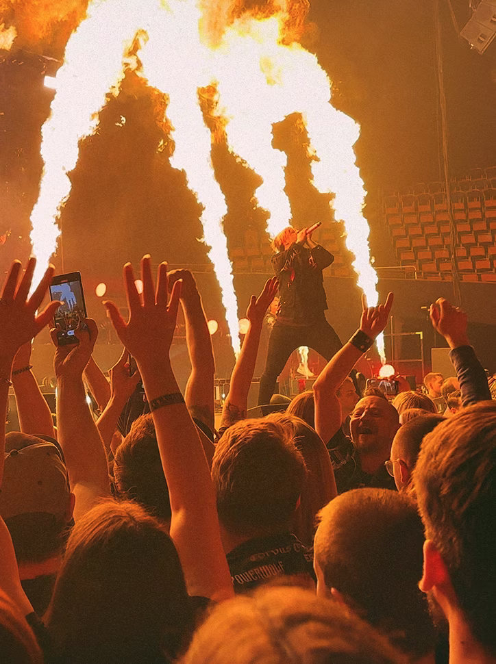 Crowd at a rock concert with raised hands as a performer sings on stage surrounded by bursts of fire.