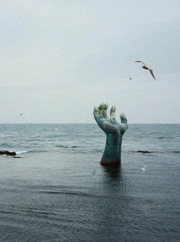 Large hand sculpture rising from the sea near the shore, with seagulls flying overhead on a cloudy day.