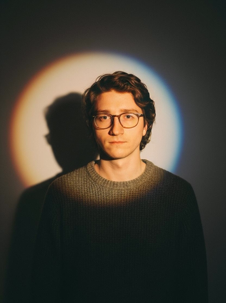 Portrait of Roman Chekurov wearing glasses and a sweater, lit by a circular warm spotlight against a dark background.